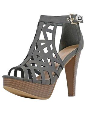 JUSTFAB Lorelai Trends Caged Platform Heeled Sandals Olive Green Vegan Suede